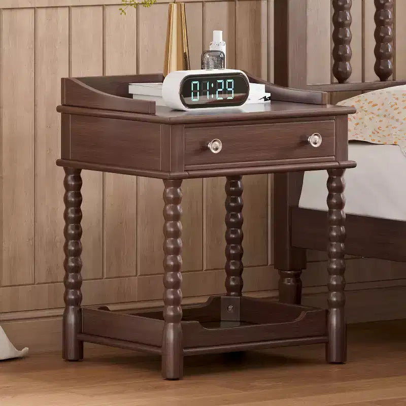 Retro Nightstand with Drawer and Open Shelf, Bedside Table with Turned Legs and Metal Handle, End Table for Bedroom
