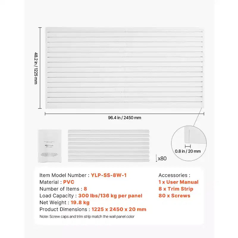 VEVOR Slat Wall Paneling, 8 x 4 ft, PVC Garage Slatwall with Accessories, White Slat Wall Easy-to-Install Adjustable Slatwall Panel, White