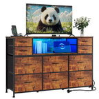 10 Fabric Drawers Dresser, Entertainment Center TV Stand with Power Outlet & LED Light for 45-55 TV, Chest of Drawers with Wood Top for Bedroom