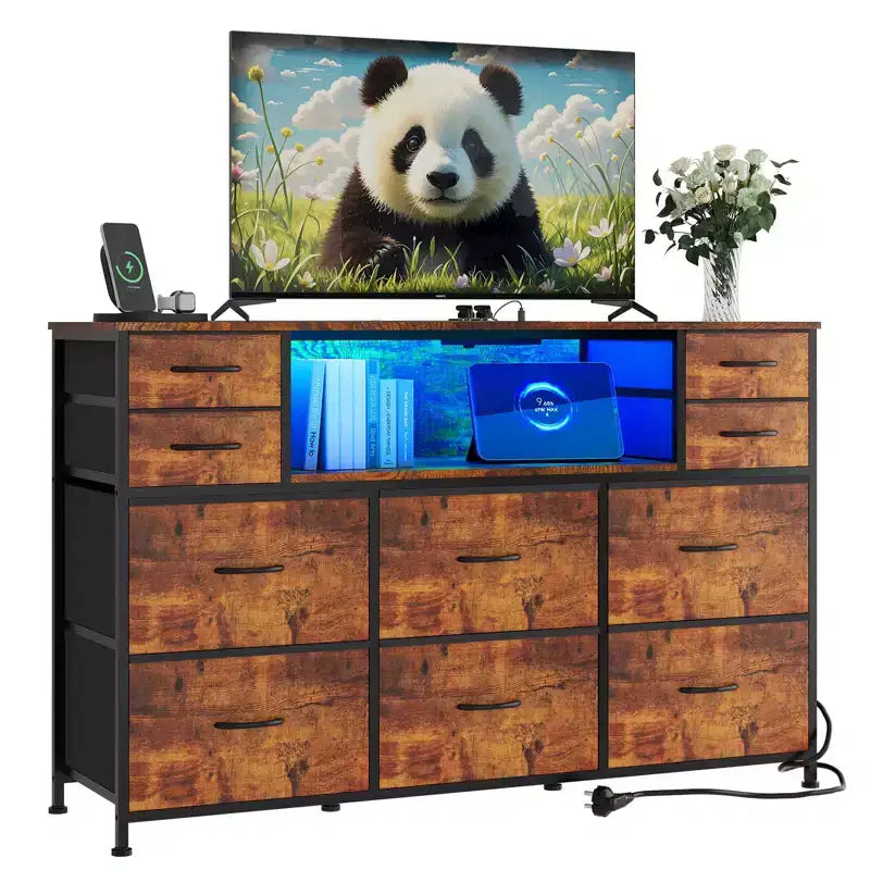 10 Fabric Drawers Dresser, Entertainment Center TV Stand with Power Outlet & LED Light for 45-55 TV, Chest of Drawers with Wood Top for Bedroom