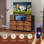 10 Fabric Drawers Dresser, Entertainment Center TV Stand with Power Outlet & LED Light for 45-55 TV, Chest of Drawers with Wood Top for Bedroom