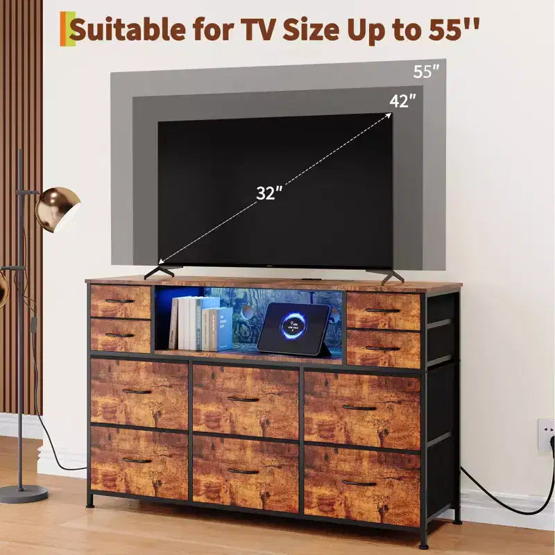 10 Fabric Drawers Dresser, Entertainment Center TV Stand with Power Outlet & LED Light for 45-55 TV, Chest of Drawers with Wood Top for Bedroom