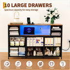 10 Fabric Drawers Dresser, Entertainment Center TV Stand with Power Outlet & LED Light for 45-55 TV, Chest of Drawers with Wood Top for Bedroom