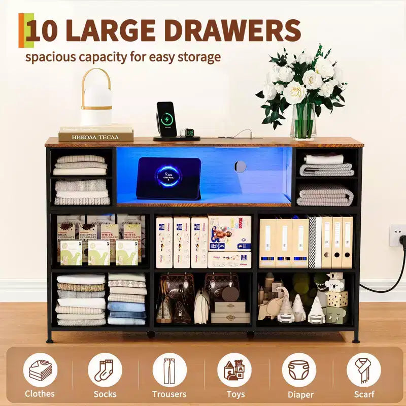 10 Fabric Drawers Dresser, Entertainment Center TV Stand with Power Outlet & LED Light for 45-55 TV, Chest of Drawers with Wood Top for Bedroom