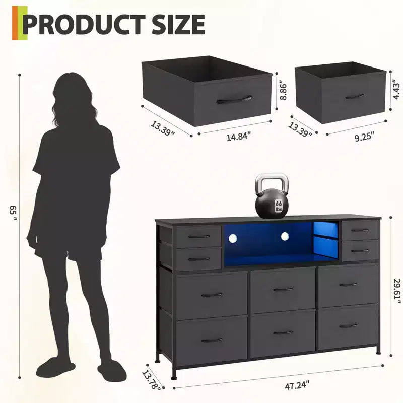 10 Fabric Drawers Dresser, Entertainment Center TV Stand with Power Outlet & LED Light for 45-55 TV, Chest of Drawers with Wood Top for Bedroom