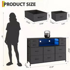 10 Fabric Drawers Dresser, Entertainment Center TV Stand with Power Outlet & LED Light for 45-55 TV, Chest of Drawers with Wood Top for Bedroom