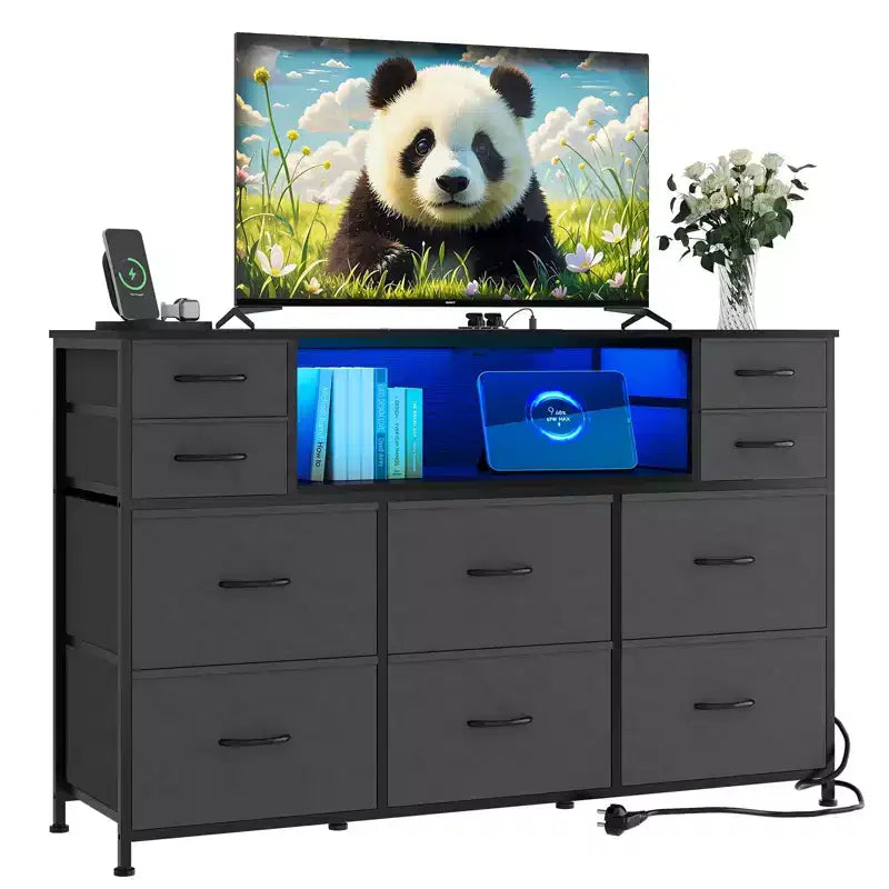 10 Fabric Drawers Dresser, Entertainment Center TV Stand with Power Outlet & LED Light for 45-55 TV, Chest of Drawers with Wood Top for Bedroom