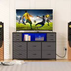 10 Fabric Drawers Dresser, Entertainment Center TV Stand with Power Outlet & LED Light for 45-55 TV, Chest of Drawers with Wood Top for Bedroom