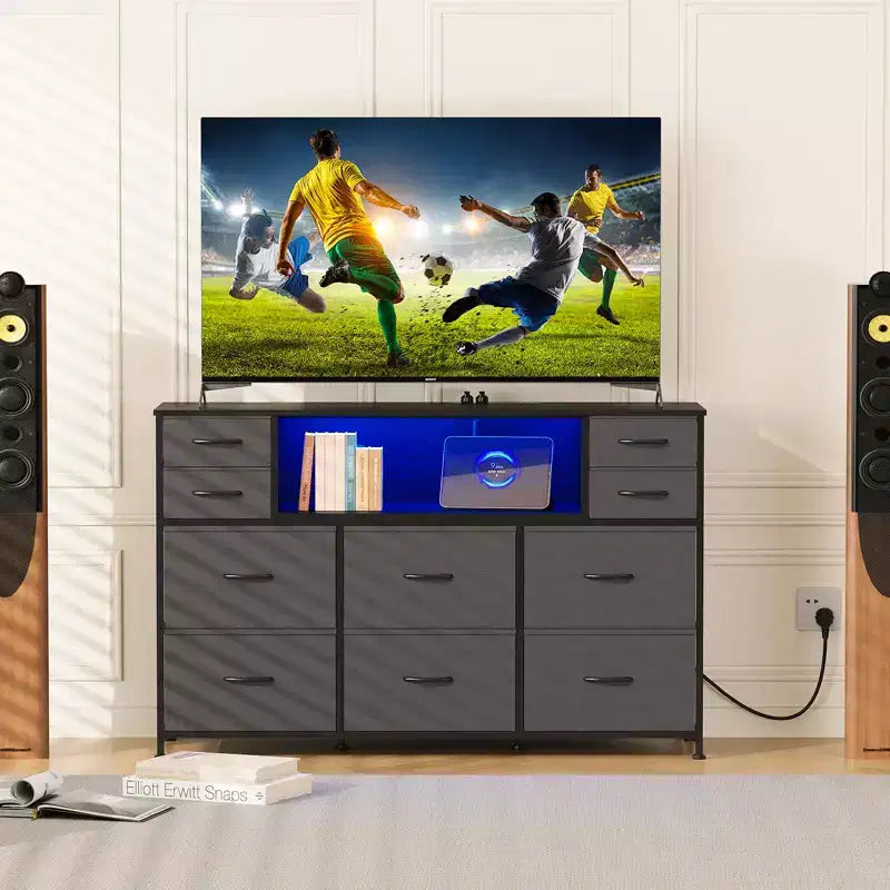 10 Fabric Drawers Dresser, Entertainment Center TV Stand with Power Outlet & LED Light for 45-55 TV, Chest of Drawers with Wood Top for Bedroom