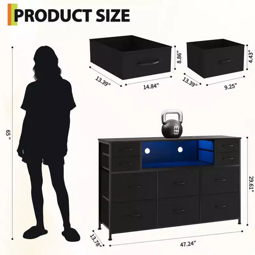 Comò a 10 cassetti in tessuto, mobile TV da centro di intrattenimento con presa di corrente e luce LED per TV da 45-55 pollici, cassettiera con piano in legno per camera da letto