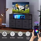 10 Fabric Drawers Dresser, Entertainment Center TV Stand with Power Outlet & LED Light for 45-55 TV, Chest of Drawers with Wood Top for Bedroom