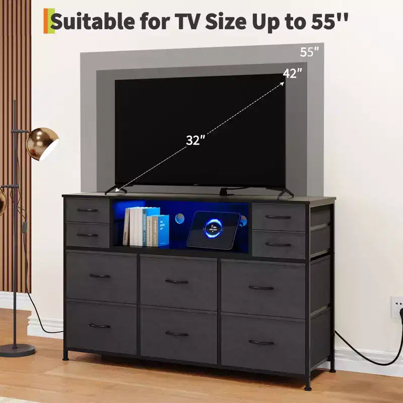 10 Fabric Drawers Dresser, Entertainment Center TV Stand with Power Outlet & LED Light for 45-55 TV, Chest of Drawers with Wood Top for Bedroom
