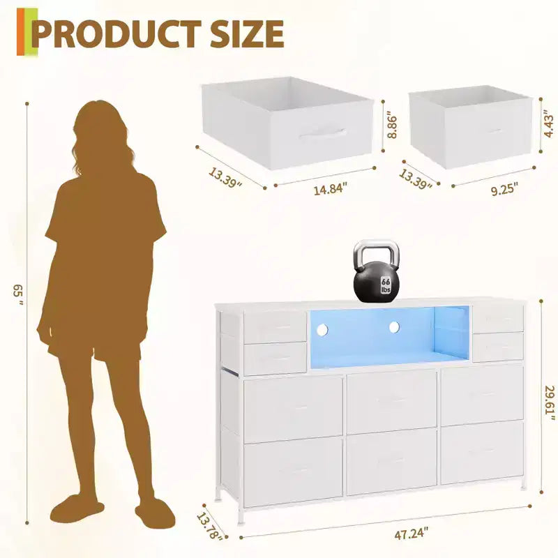 10 Fabric Drawers Dresser, Entertainment Center TV Stand with Power Outlet & LED Light for 45-55 TV, Chest of Drawers with Wood Top for Bedroom