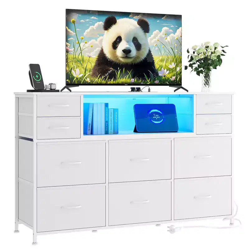 10 Fabric Drawers Dresser, Entertainment Center TV Stand with Power Outlet & LED Light for 45-55 TV, Chest of Drawers with Wood Top for Bedroom