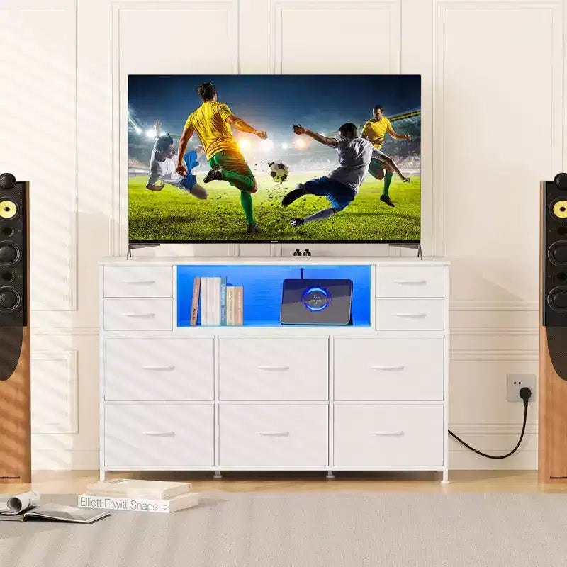 10 Fabric Drawers Dresser, Entertainment Center TV Stand with Power Outlet & LED Light for 45-55 TV, Chest of Drawers with Wood Top for Bedroom