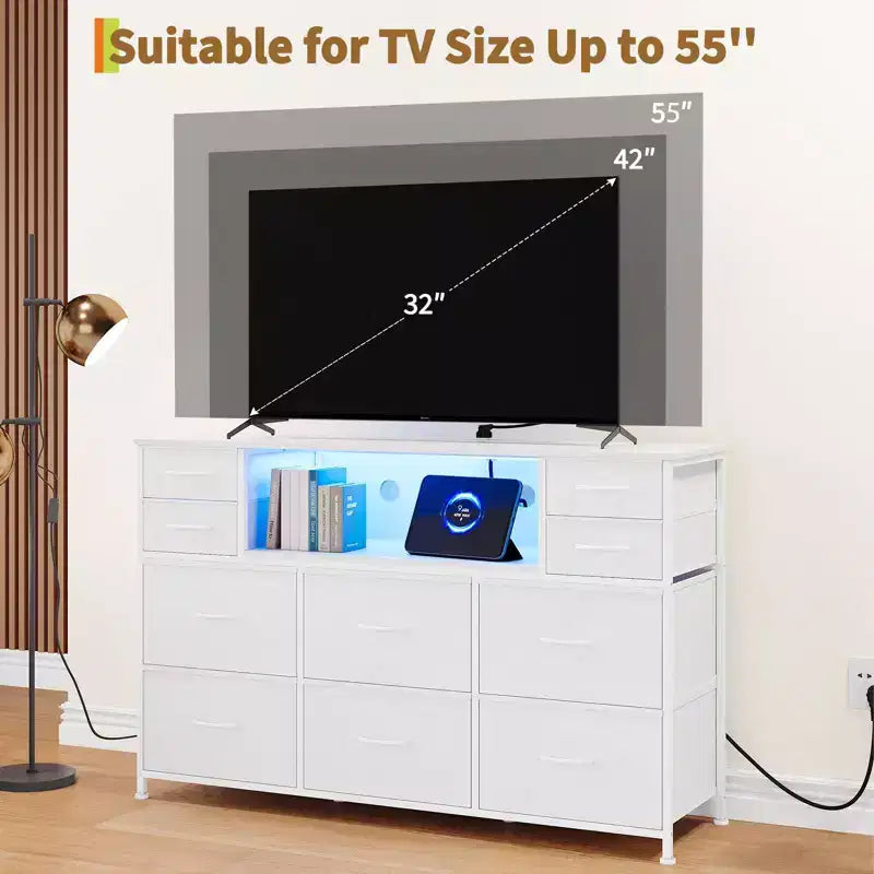10 Fabric Drawers Dresser, Entertainment Center TV Stand with Power Outlet & LED Light for 45-55 TV, Chest of Drawers with Wood Top for Bedroom