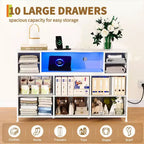10 Fabric Drawers Dresser, Entertainment Center TV Stand with Power Outlet & LED Light for 45-55 TV, Chest of Drawers with Wood Top for Bedroom