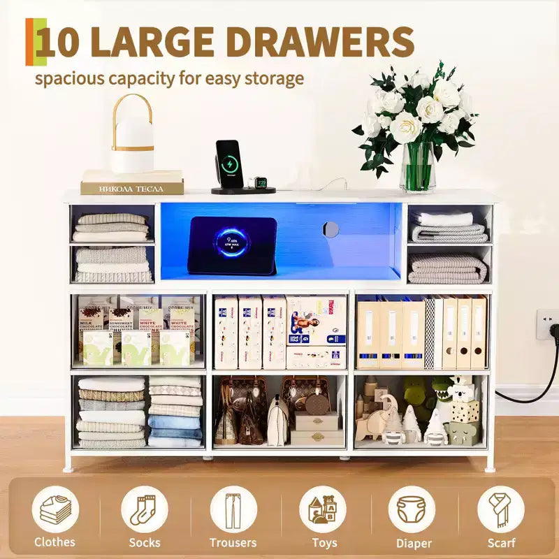 10 Fabric Drawers Dresser, Entertainment Center TV Stand with Power Outlet & LED Light for 45-55 TV, Chest of Drawers with Wood Top for Bedroom