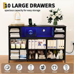 10 Fabric Drawers Dresser, Entertainment Center TV Stand with Power Outlet & LED Light for 45-55 TV, Chest of Drawers with Wood Top for Bedroom