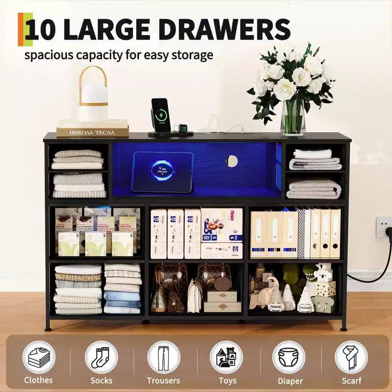 10 Fabric Drawers Dresser, Entertainment Center TV Stand with Power Outlet & LED Light for 45-55 TV, Chest of Drawers with Wood Top for Bedroom