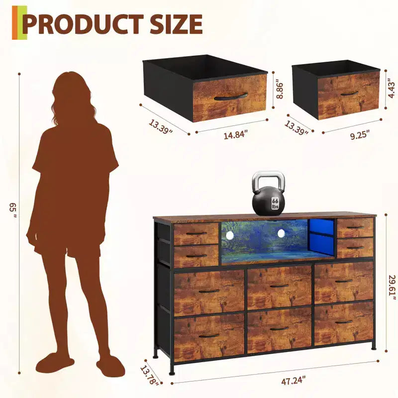 10 Fabric Drawers Dresser, Entertainment Center TV Stand with Power Outlet & LED Light for 45-55 TV, Chest of Drawers with Wood Top for Bedroom