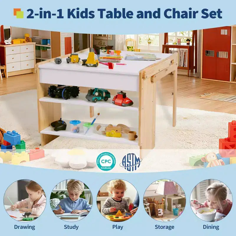 Kids Art Table with 2 Chairs Set, Convertible Toddler Activity Table to Storage Shelves, Craft Play Desk for Kids with 3 Storage Box