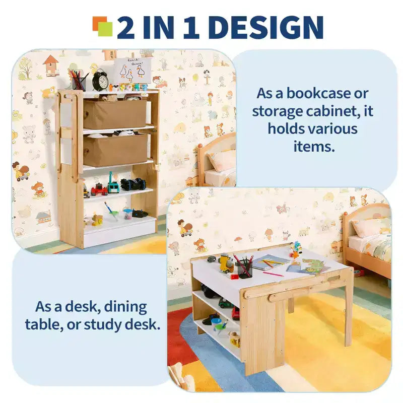 Kids Art Table with 2 Chairs Set, Convertible Toddler Activity Table to Storage Shelves, Craft Play Desk for Kids with 3 Storage Box