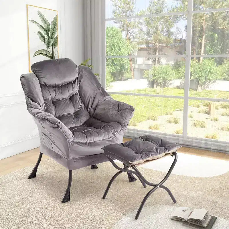 COZONY Lazy Chair with Ottoman, Modern Lounge Accent Chair Footrest Reading Armchair Side Pocket for Living Room Bedroom Dorm Office