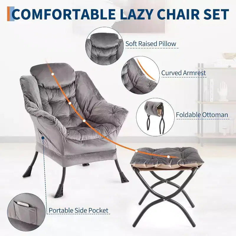 COZONY Lazy Chair with Ottoman, Modern Lounge Accent Chair Footrest Reading Armchair Side Pocket for Living Room Bedroom Dorm Office
