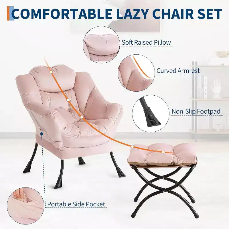 COZONY Lazy Chair with Ottoman, Modern Lounge Accent Chair Footrest Reading Armchair Side Pocket for Living Room Bedroom Dorm Office