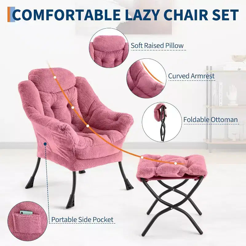 COZONY Lazy Chair with Ottoman, Modern Lounge Accent Chair Footrest Reading Armchair Side Pocket for Living Room Bedroom Dorm Office
