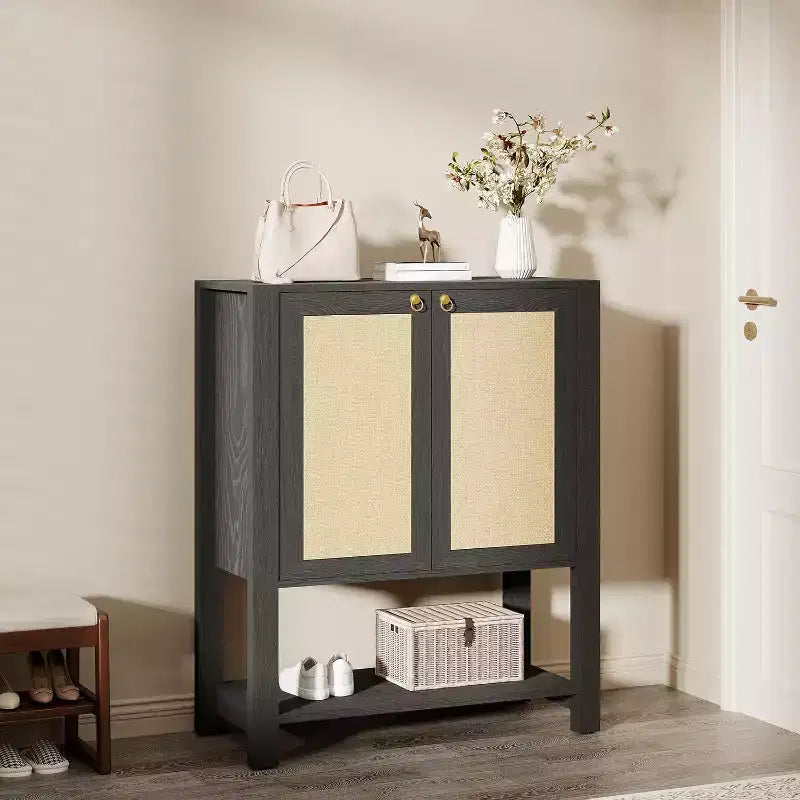 Rattan Shoe Cabinet for Entryway, 5-Tier Farmhouse Organizer Rack Narrow Shoe Storage Cabinet with 2 Doors and Open Shelf for Hallway Living Room