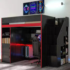 Letto a soppalco da gaming Twin/Full Size con scrivania e scale contenitore, letto a soppalco in legno massiccio con luci a LED, armadio e mensole, letto da gaming salvaspazio