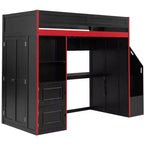 Letto a soppalco da gaming Twin/Full Size con scrivania e scale contenitore, letto a soppalco in legno massiccio con luci a LED, armadio e mensole, letto da gaming salvaspazio