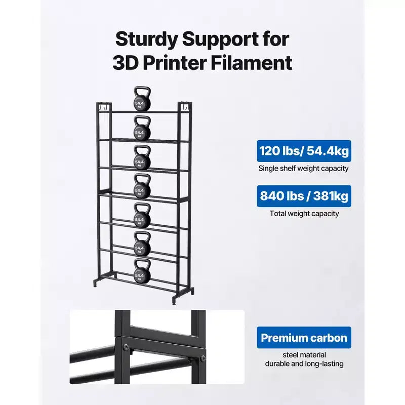 VEVOR 3D Printer Filament Storage Rack, 7 Tier Heavy Duty Storage Shelves for 3D Printing Filaments, Filament Spool Holders Racks(Shelf Only), Black