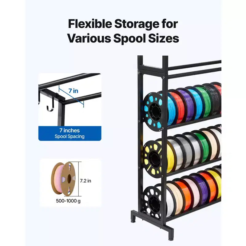 VEVOR 3D Printer Filament Storage Rack, 7 Tier Heavy Duty Storage Shelves for 3D Printing Filaments, Filament Spool Holders Racks(Shelf Only), Black