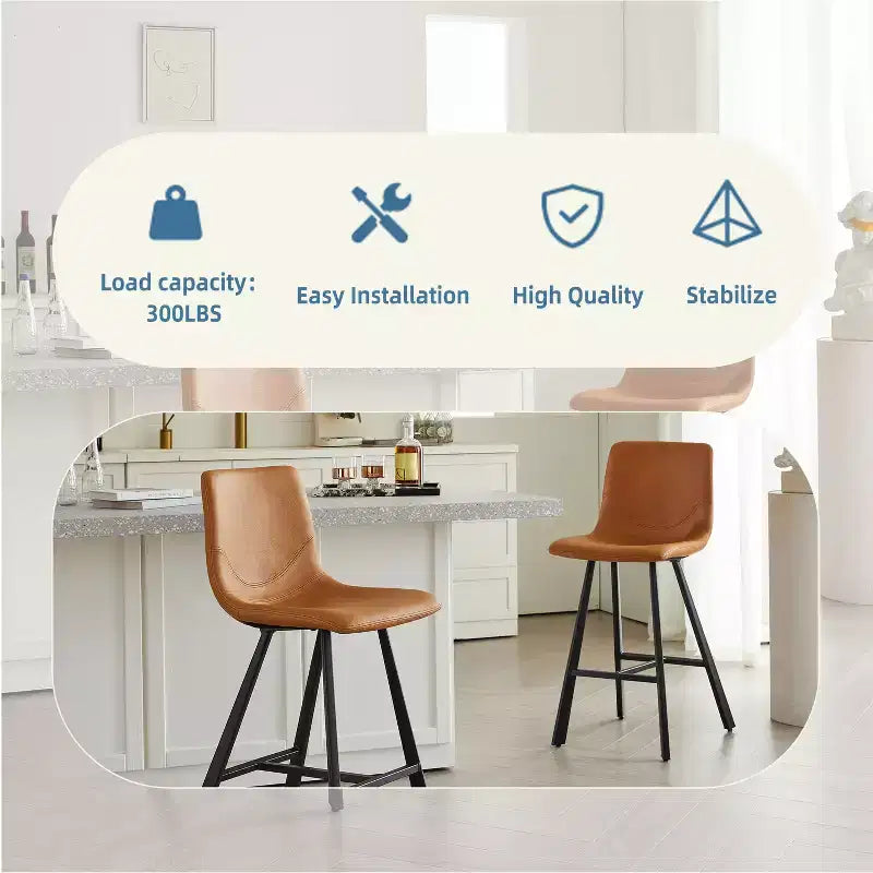 TUYOHW 26H Sleek Bar Stools with Ergonomic Back,Set of 2,Counter Height Bar Stools for Kitchen Island,Sturdy Metal Frame,300lbs Capacity