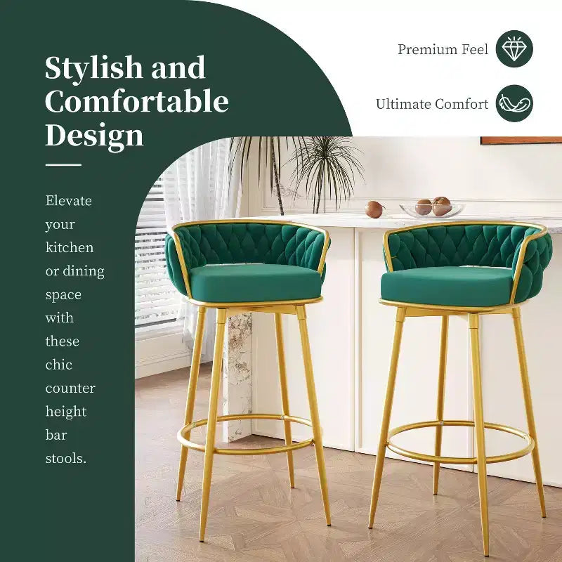 TUYOHW 31.5 Swivel Counter Height Bar Stools Set of 2,Luxury Golden Metal Base Bar Stools with Hand-Woven Backrest,286lbs Capacity
