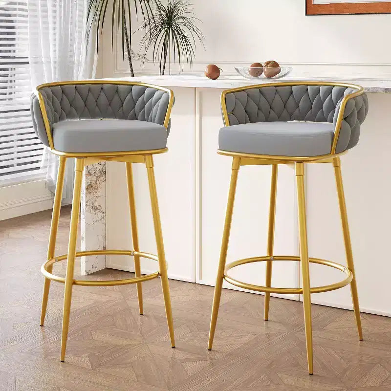 TUYOHW 31.5 Swivel Counter Height Bar Stools Set of 2,Luxury Golden Metal Base Bar Stools with Hand-Woven Backrest,286lbs Capacity