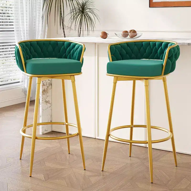 TUYOHW 31.5 Swivel Counter Height Bar Stools Set of 2,Luxury Golden Metal Base Bar Stools with Hand-Woven Backrest,286lbs Capacity