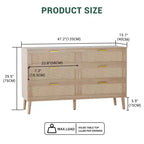 Comò a 6 cassetti in rattan con maniglie in metallo dorato, cassettiera in stile rustico con 5 gambe robuste per camera da letto, soggiorno, corridoio e ingresso