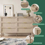 Comò a 6 cassetti in rattan con maniglie in metallo dorato, cassettiera in stile rustico con 5 gambe robuste per camera da letto, soggiorno, corridoio e ingresso
