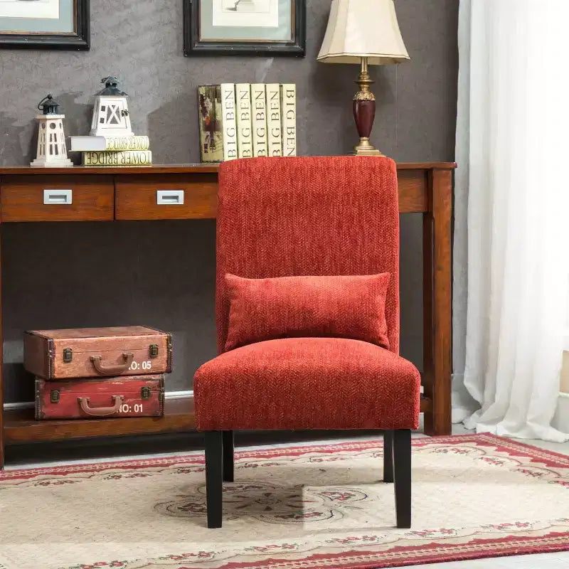 Modern Chenille Fabric Armless Accent Chair with Pillow, Solid Wood Legs, Deep Seat Side Chair for Living Room, Bedroom, or Office-Panipeachy