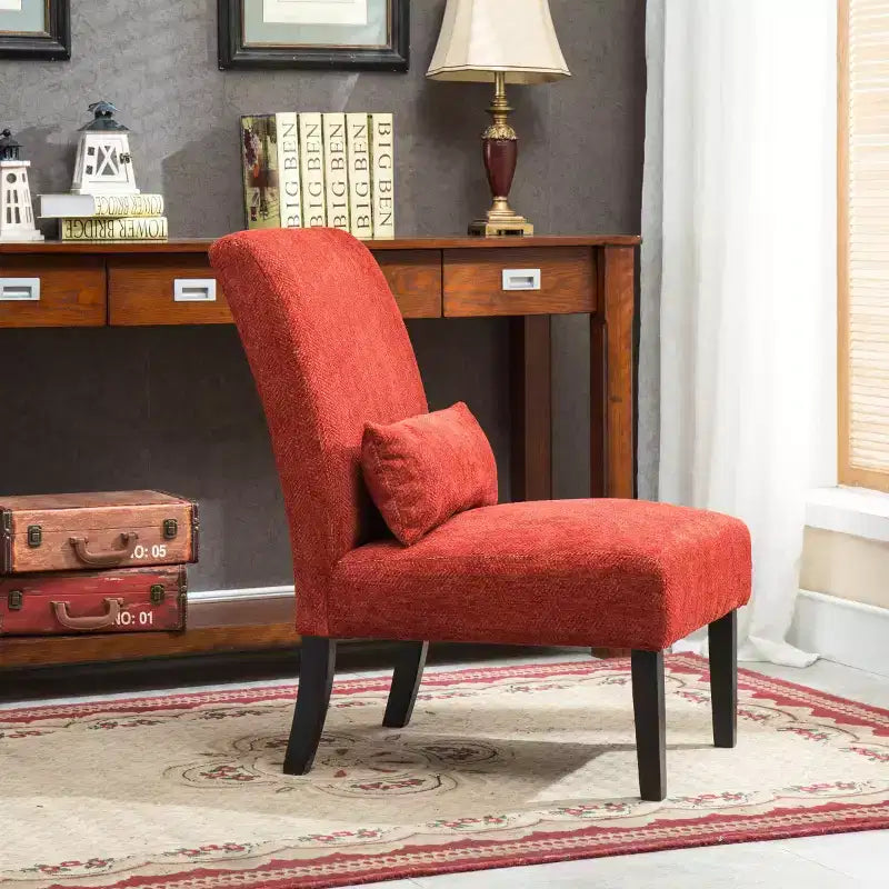 Modern Chenille Fabric Armless Accent Chair with Pillow, Solid Wood Legs, Deep Seat Side Chair for Living Room, Bedroom, or Office-Panipeachy