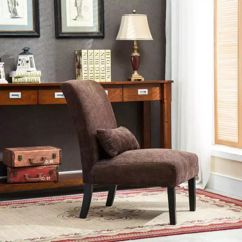 Modern Chenille Fabric Armless Accent Chair with Pillow, Solid Wood Legs, Deep Seat Side Chair for Living Room, Bedroom, or Office-Panipeachy