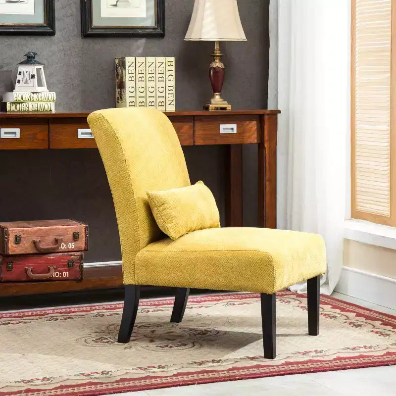 Modern Chenille Fabric Armless Accent Chair with Pillow, Solid Wood Legs, Deep Seat Side Chair for Living Room, Bedroom, or Office-Panipeachy