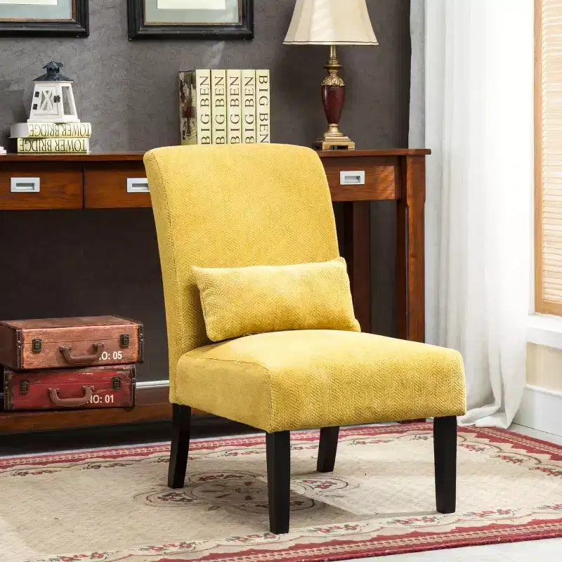 Modern Chenille Fabric Armless Accent Chair with Pillow, Solid Wood Legs, Deep Seat Side Chair for Living Room, Bedroom, or Office-Panipeachy