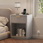 Fluted Nightstand Set of 2  Farmhouse Bedside Tables with Charging Station & 1-Drawer Storage (Mid-Century Modern)