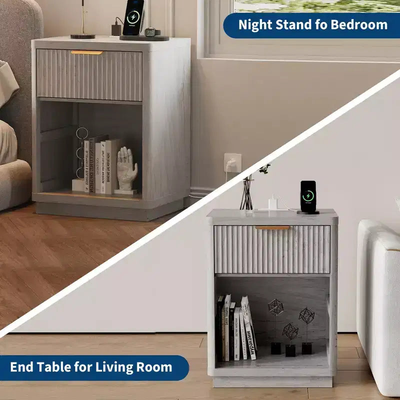 Fluted Nightstand Set of 2  Farmhouse Bedside Tables with Charging Station & 1-Drawer Storage (Mid-Century Modern)