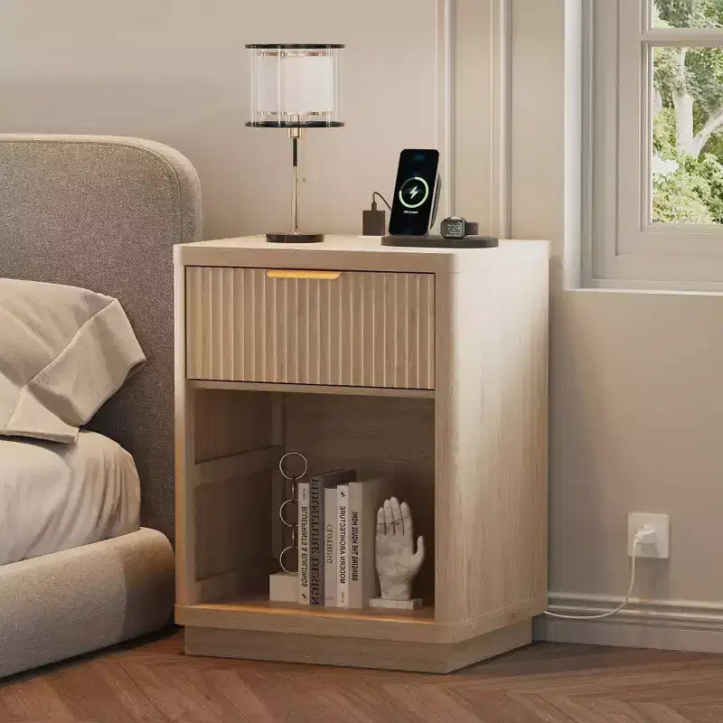 Fluted Nightstand Set of 2  Farmhouse Bedside Tables with Charging Station & 1-Drawer Storage (Mid-Century Modern)